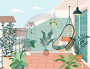Cozy balcony garden with potted green plants. Terrace eco-style interior design with rattan wicker chair, houseplants in
