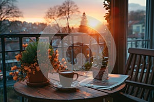A cozy balcony setting with a cup of coffee and potted flowers. A serene spot for relaxation on the sunrise