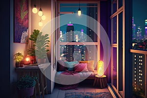 cozy balcony with view of vibrant city nightlife