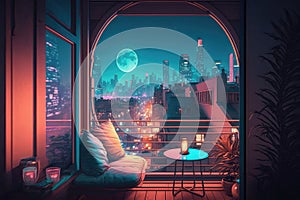 cozy balcony with view of vibrant city nightlife