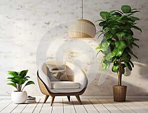 Cozy barrel chair between green houseplants near beige stucco wall. Home interior design of modern living room. Created with