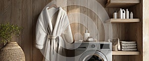 The cozy bathroom featuring a modern washing machine and soft robe. AI generated image