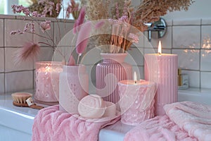 Cozy Bathroom Interior with Candles, Pink Towels, Soaps, and Decorative Pampas Grass for a Relaxing Spa Atmosphere at Home