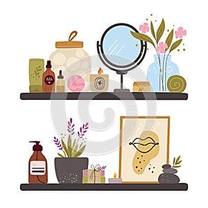 Cozy bathroom shelves. Different cosmetics. Mirror and cotton swabs. Moisturizer creams and lotions bottles. Skin and