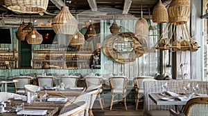 Cozy Beachside Restaurant With Wicker Decor and Natural Light During Daytime