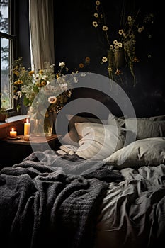 Cozy Bed With Blanket and Flower Vase