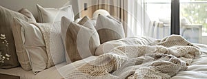 a cozy bed in a contemporary bedroom, with soft pillows, plush blankets, and warm lighting inviting viewers to unwind