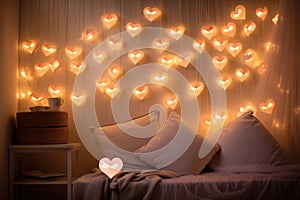 A cozy bed covered in an abundance of pillows, beautifully illuminated by an arrangement of lights, Heart-shaped lights