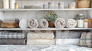 Cozy bed linen closet, neatly arranged shelves with rolled towels in straw basket, duvet cover, sheet, pillow, plaid in cupboard