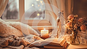 Cozy bedroom ambiance with a burning candle, open book, and fresh roses in a glass vase, emitting a warm, inviting glow