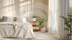 Cozy bedroom ambiance, warm morning light, serene sleep environment