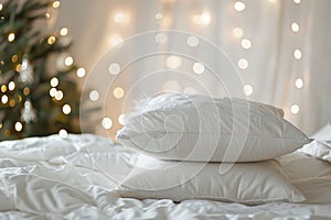 Cozy Bedroom Ambience with Plush Pillows and Warm String Lights photo