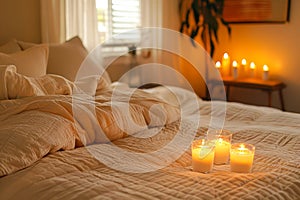 Cozy Bedroom Atmosphere with Glowing Candles on a Bed with White Linens, Warm Ambient Interior Design, Comfortable Home Setting