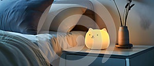 Cozy Bedroom with Charming Cat Nightlight. Concept Home Decor, Cozy Bedrooms, Cat Nightlights, photo