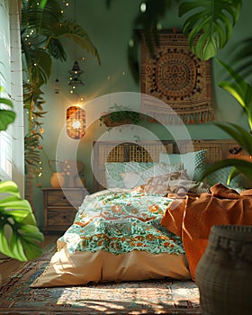 A cozy bedroom with a plant, wood bed, comfortable linens, pillow, lamp, and art