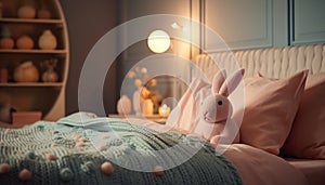 Cozy bedroom with cute rabbit toy decoration generated by AI