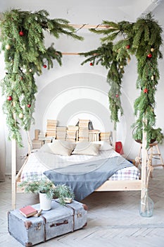 Cozy bedroom decorated for Christmas