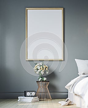 Cozy bedroom with empty poster frame. Frame mockup in interior.