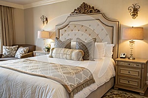 Comfortable bedroom with pillows and headboard