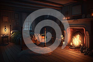 a cozy bedroom, with a fireplace and flickering flames, on a chilly night
