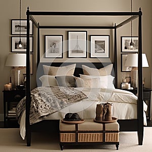 Cozy Bedroom with Four-Poster Bed and Horizontal Frame Mockup