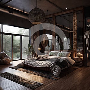 Cozy bedroom interior African style with ethnic wooden decor