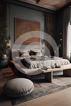 Cozy bedroom interior in Ethnic style with wooden bed and ethnbiuc decor
