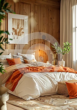 cozy bedroom interior with a focus on warm colors and soft textures