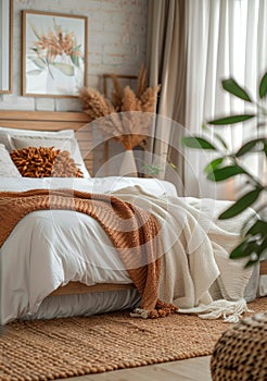 cozy bedroom interior with a focus on warm colors and soft textures