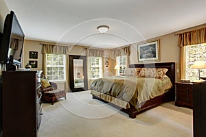 Cozy bedroom interior in olive colors