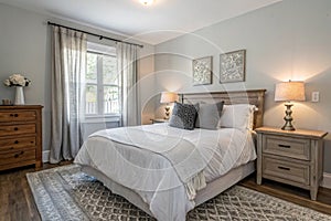 Cozy bedroom interior in white and gray tones