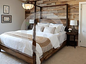 Cozy bedroom interior with wooden accent wall, four-poster bed, and elegant bedding