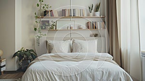 A cozy bedroom with a minimalist touch featuring a white upholstered bed frame and a wallmounted bookshelf. The lack of