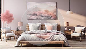 Cozy bedroom, modern decor, comfortable bed, illuminated by electric lamp generated by AI