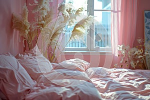 Cozy Bedroom with Morning Sunlight Streaming Through Window onto Comfortable Pink Bedding and Elegant Dried Flowers Decoration