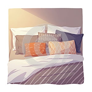 A cozy bedroom scene features a bed with a mix of colorful pillows. The pillows