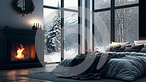 Cozy bedroom scene with a warm fireplace and snow outside.