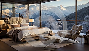 Cozy bedroom, snowy mountain view, luxury hotel, ultimate relaxation generated by AI