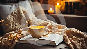 Cozy bedroom, warm mug, reading book, winter relaxation, comfortable bed generated by AI