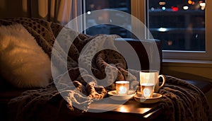 Cozy bedroom, warm wool, candlelight, softness perfect winter relaxation generated by AI