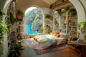 Cozy bedroom with a waterfront view, AI-generated.