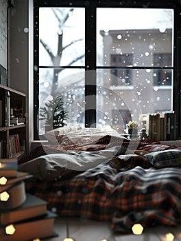Cozy bedroom with window, snow falling outside, books, comfy bed and plaid