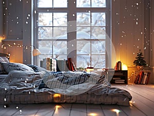 Cozy bedroom with window, snow falling outside, books, comfy bed and plaid