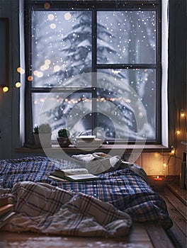 Cozy bedroom with window, snow falling outside, books, comfy bed and plaid