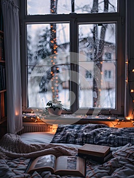 Cozy bedroom with window, snow falling outside, books, comfy bed and plaid