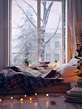 Cozy bedroom with window, snow falling outside, books, comfy bed and plaid