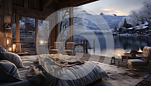 Cozy bedroom, winter landscape, tranquil scene, illuminated by sunset generated by AI