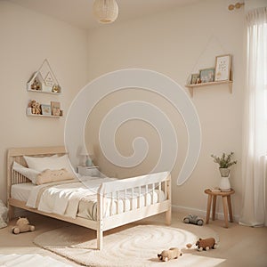 Cozy beige children room interior background,