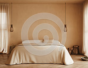Cozy beige Japandi bedroom interior