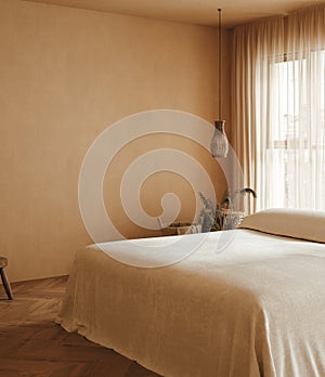 Cozy beige Japandi bedroom interior photo